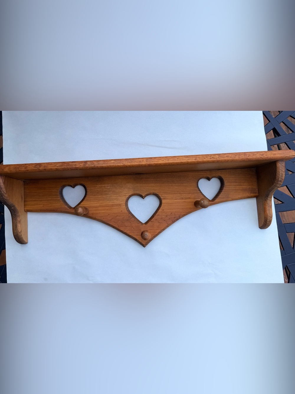 Wood Wall Shelf Heart Cut Out 3 Pegs Country Cottage Core 24 Inch Vintage 80s
